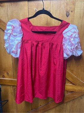 Vintage Red Top with White Ruffled Puff Sleeves